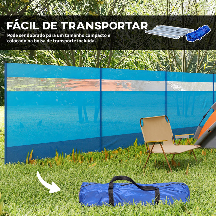 Corta Vento para Campismo de 4 Painéis 725x140 cm Para Vento para Praia com Painel Superior Transparente Postes de Aço Estacas e Bolsa de Transporte Impermeável para Jardim e Praia Azul