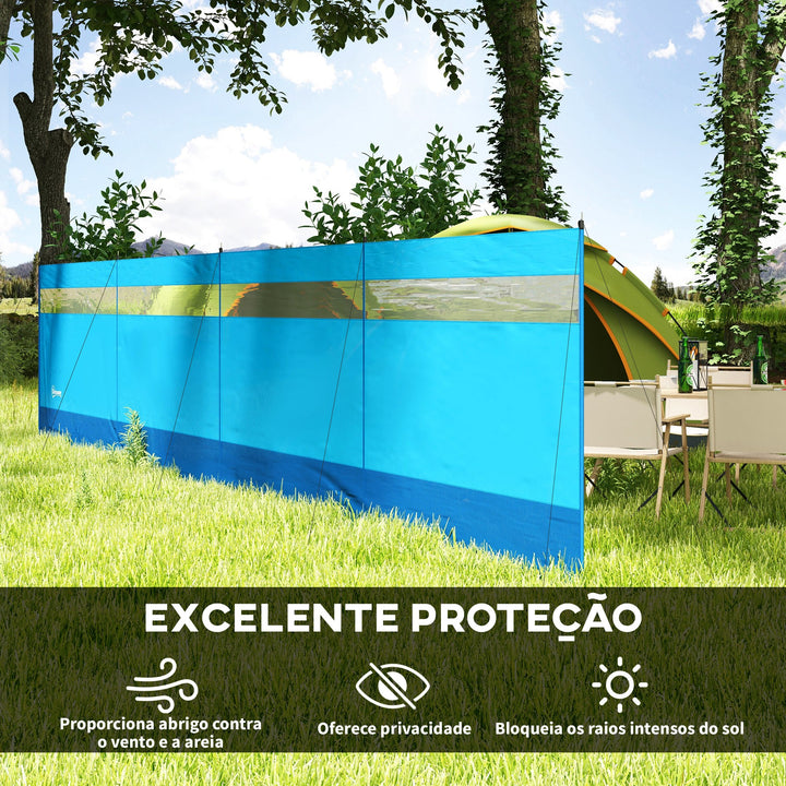 Corta Vento para Campismo de 4 Painéis 725x140 cm Para Vento para Praia com Painel Superior Transparente Postes de Aço Estacas e Bolsa de Transporte Impermeável para Jardim e Praia Azul