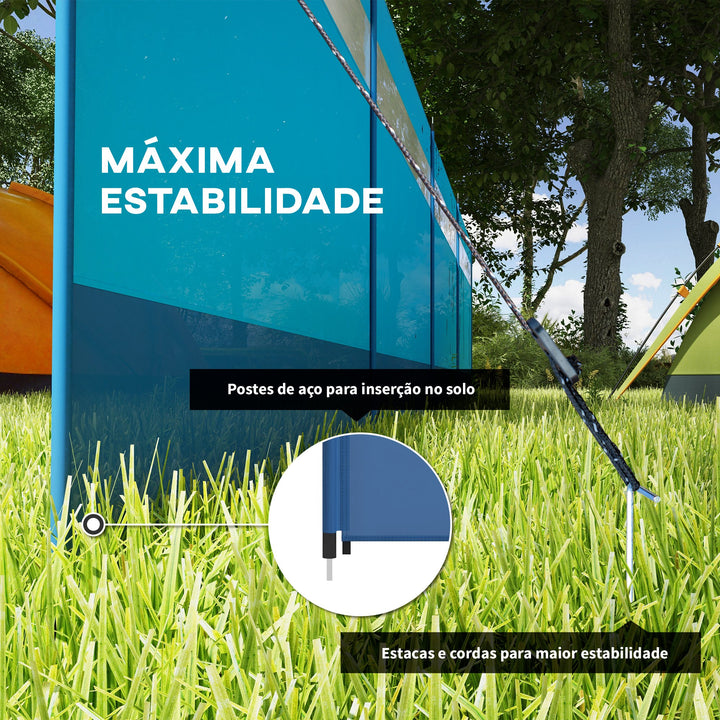 Corta Vento para Campismo de 4 Painéis 725x140 cm Para Vento para Praia com Painel Superior Transparente Postes de Aço Estacas e Bolsa de Transporte Impermeável para Jardim e Praia Azul