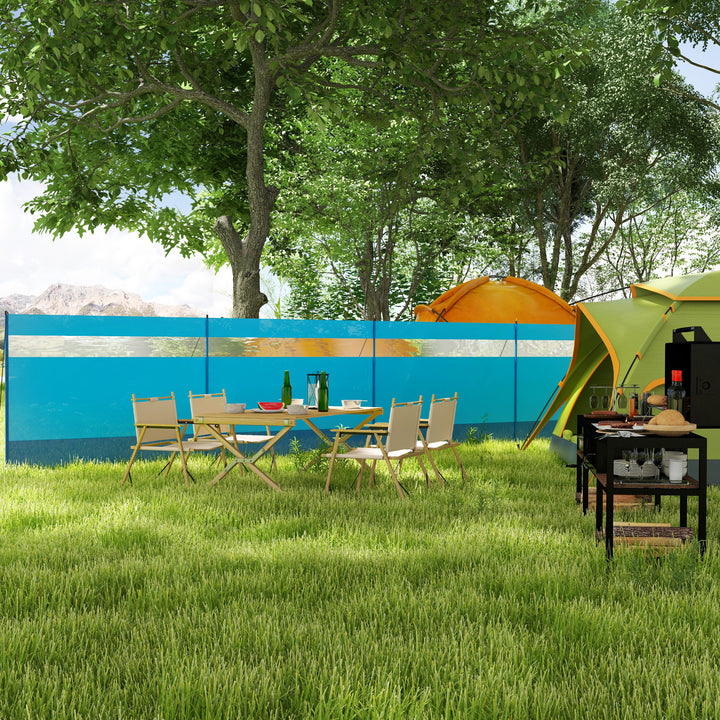 Corta Vento para Campismo de 4 Painéis 725x140 cm Para Vento para Praia com Painel Superior Transparente Postes de Aço Estacas e Bolsa de Transporte Impermeável para Jardim e Praia Azul
