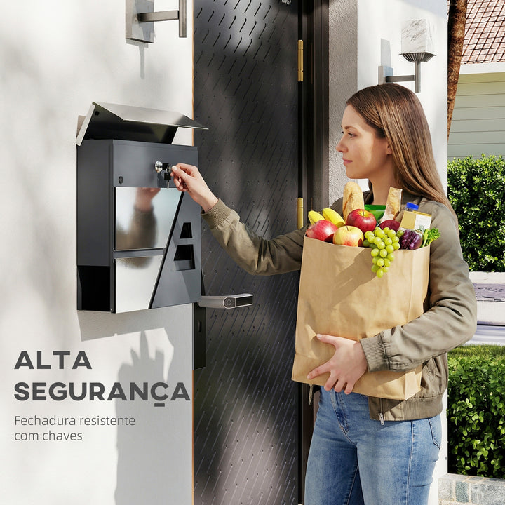 Caixa de Correio Exterior de Aço Inoxidável 13 L Caixa de Correio de Parede com Fechadura e 2 Chaves Fecho Silencioso Tampa Anti-Chuva Suporte para Jornais Moderna Fácil de Instalar Cinzento Escuro