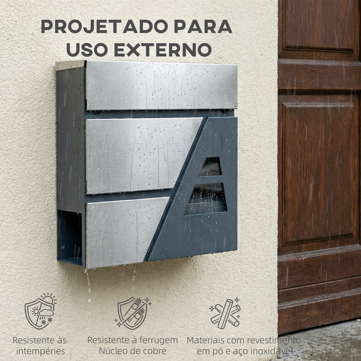 Caixa de Correio Exterior de Aço Inoxidável 13 L Caixa de Correio de Parede com Fechadura e 2 Chaves Fecho Silencioso Tampa Anti-Chuva Suporte para Jornais Moderna Fácil de Instalar Cinzento Escuro
