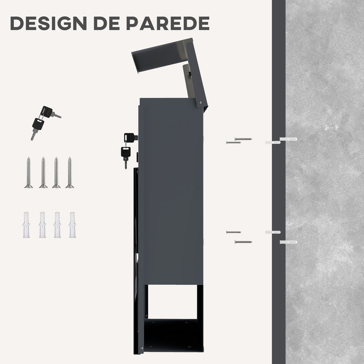 Caixa de Correio Exterior de Aço Inoxidável 13 L Caixa de Correio de Parede com Fechadura e 2 Chaves Fecho Silencioso Tampa Anti-Chuva Suporte para Jornais Moderna Fácil de Instalar Cinzento Escuro