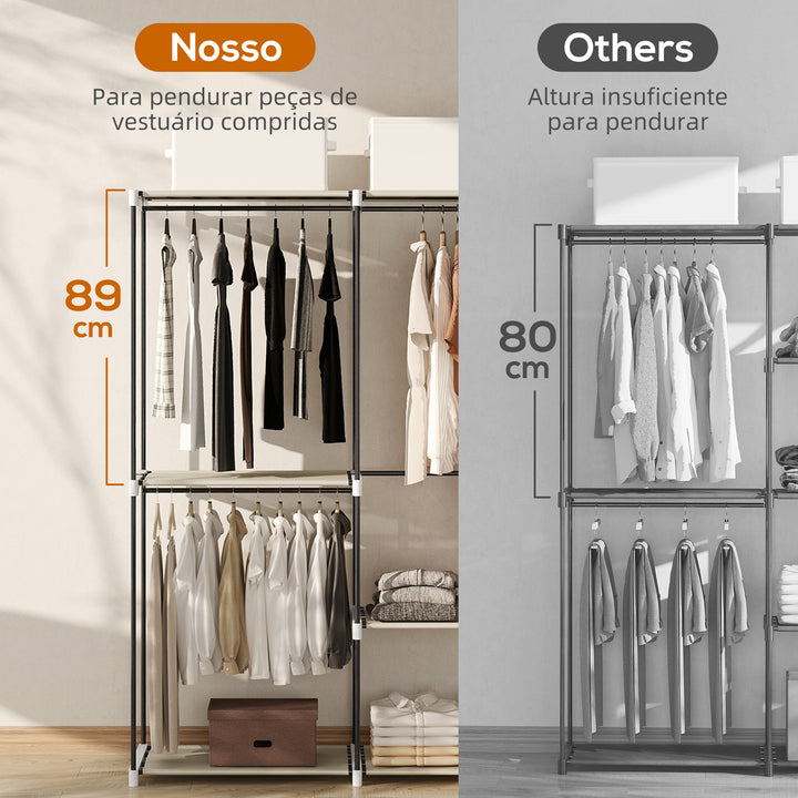 Armário de Roupa Aberto 142x43x185 cm Armário para Roupas com 4 Prateleiras de Tecido 3 Barras para Pendurar e Estrutura de Metal para Quarto Sala Closet Creme