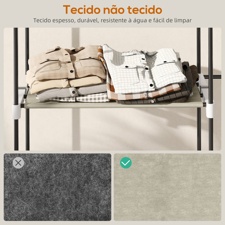 Armário de Roupa Aberto 142x43x185 cm Armário para Roupas com 4 Prateleiras de Tecido 3 Barras para Pendurar e Estrutura de Metal para Quarto Sala Closet Creme