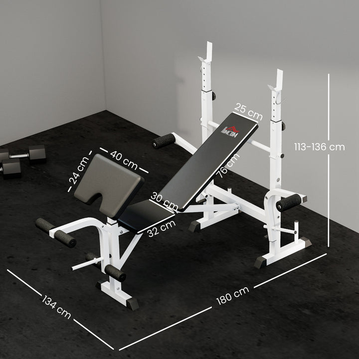 Banco de Musculação Multifuncional Inclinável com Suporte para Barra Ajustável Extensão de Pernas Curl de Predicador para Treino em Casa e Ginásio 180x134x113-136 cm Preto