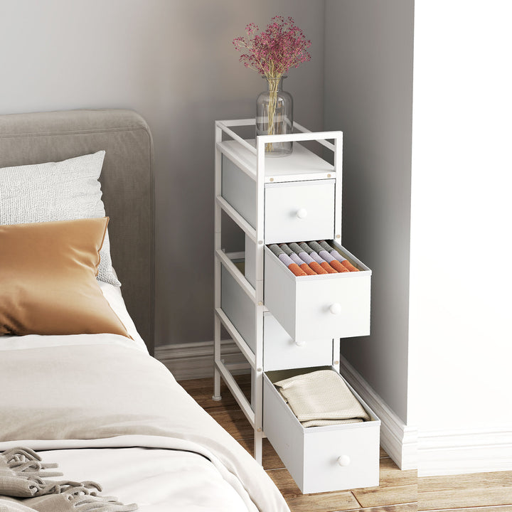 Móvel de Arrumação Estreito com 4 Gavetas de Tecido Cómoda para Quarto Estreita com Estrutura de Aço para Espaços Pequenos Sala de Estar Closet Casa de Banho 20x43x81,5 cm Branco