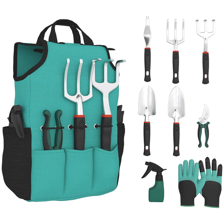 Conjunto de Ferramentas para Jardim de 9 Peças Conjunto de Ferramentas de Jardinagem em Alumínio com Tesouras de Podar com Bloqueio Seguro e Bolsa de Jardim Verde e Preto