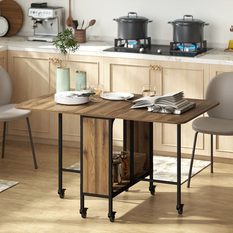 Mesa de Cozinha Dobrável Mesa de Refeição Dobrável com Rodas Laterais Abatíveis e Prateleira Mesa Dobrável para Sala de Jantar 130x80x74 cm Marrom