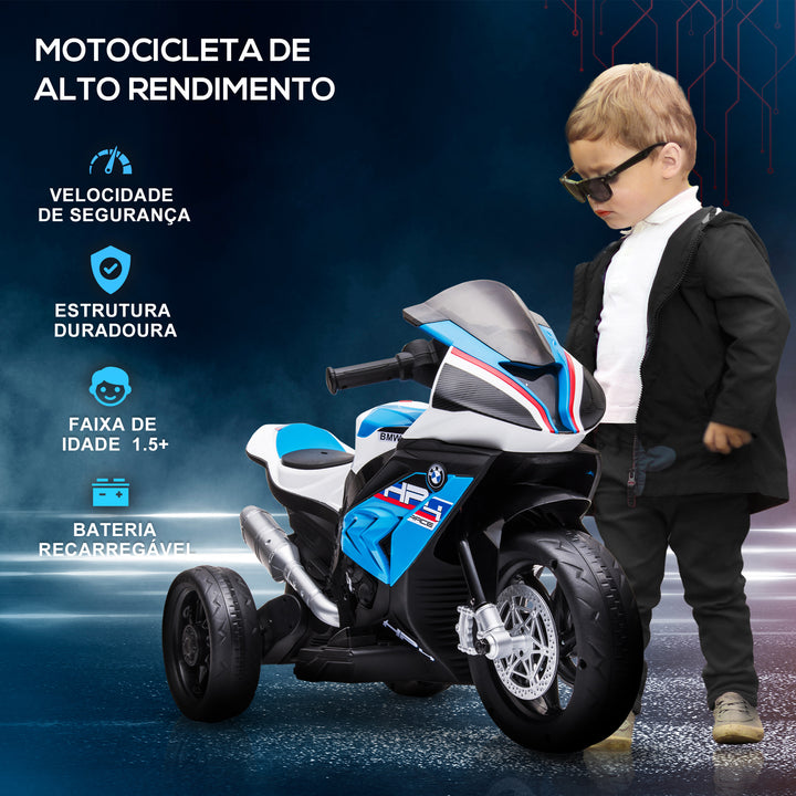 Mota Elétrica BMW HP4 para Crianças Acima de 18 Meses Mota de Bateria 6V com Música USB Velocidade 2,5km/h Avance e Retrocesso Carga Máxima 30kg 82,5x42x54cm Azul