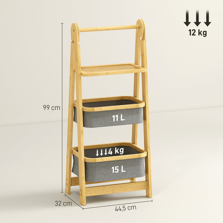 Estante Dobrável para Casa de Banho de Bambu Estante de Casa de Banho com 2 Cestos para Roupa Suja Estante Aberto para Quarto Lavandaria 44,5x32x99 cm Cinzento