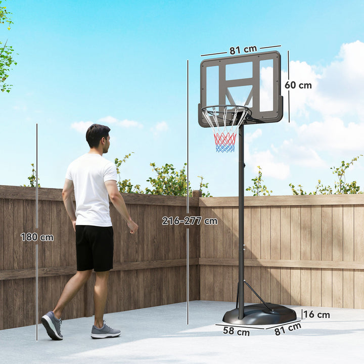 Tabela de Basquetebol com Altura Ajustável 216-277 cm Aro de Basquetebol para Exterior com Rodas e Base Recarregável para Adolescentes Preto