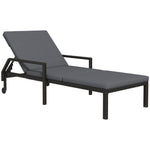 Espreguiçadeira de Vime Chaise Longue de Jardim com Encosto Ajustável em 5 Posições Acolchoado e 2 Rodas Carga 120 kg 73x200x48 cm Cinza Escuro e Preto