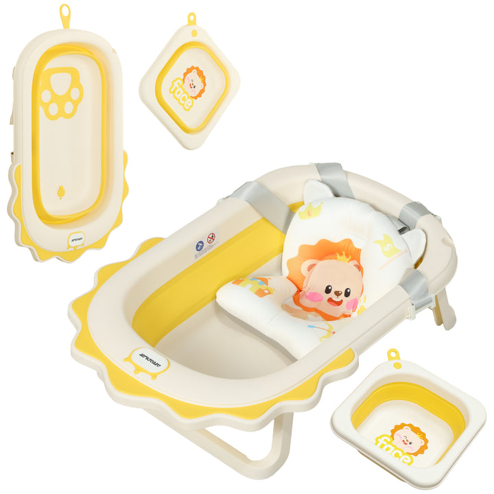 Banheira Dobrável para Bebés com Almofada e Cubo Banheira para Recém Nascido até 3 Anos com Almofadas Antiderrapantes Orifício de Drenagem e Orifício para o Duche 80,5x55x20 cm Amarelo