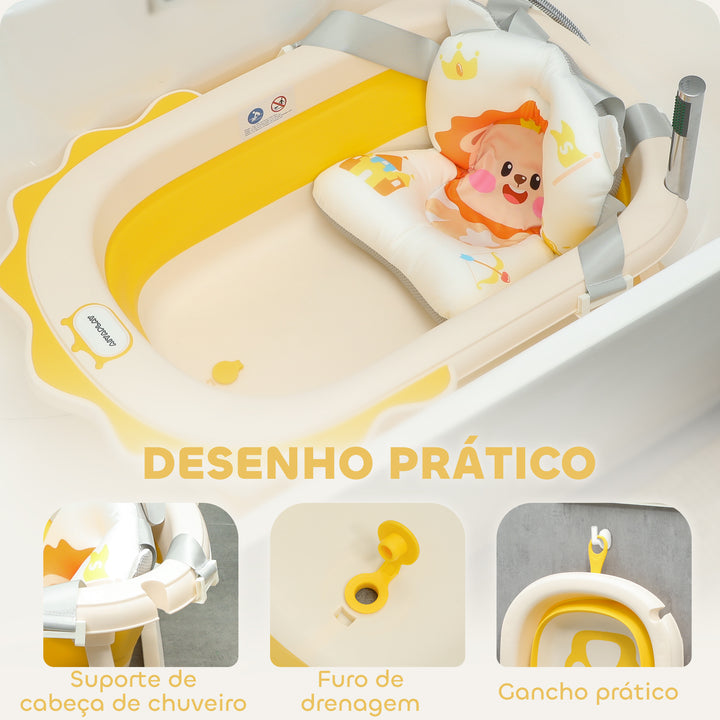 Banheira Dobrável para Bebés com Almofada e Cubo Banheira para Recém Nascido até 3 Anos com Almofadas Antiderrapantes Orifício de Drenagem e Orifício para o Duche 80,5x55x20 cm Amarelo