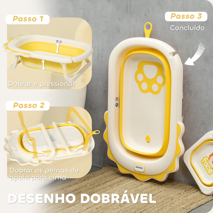 Banheira Dobrável para Bebés com Almofada e Cubo Banheira para Recém Nascido até 3 Anos com Almofadas Antiderrapantes Orifício de Drenagem e Orifício para o Duche 80,5x55x20 cm Amarelo