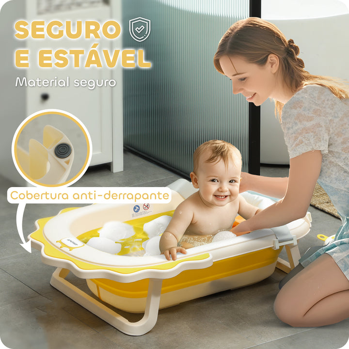 Banheira Dobrável para Bebés com Almofada e Cubo Banheira para Recém Nascido até 3 Anos com Almofadas Antiderrapantes Orifício de Drenagem e Orifício para o Duche 80,5x55x20 cm Amarelo