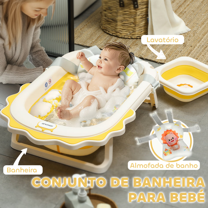 Banheira Dobrável para Bebés com Almofada e Cubo Banheira para Recém Nascido até 3 Anos com Almofadas Antiderrapantes Orifício de Drenagem e Orifício para o Duche 80,5x55x20 cm Amarelo