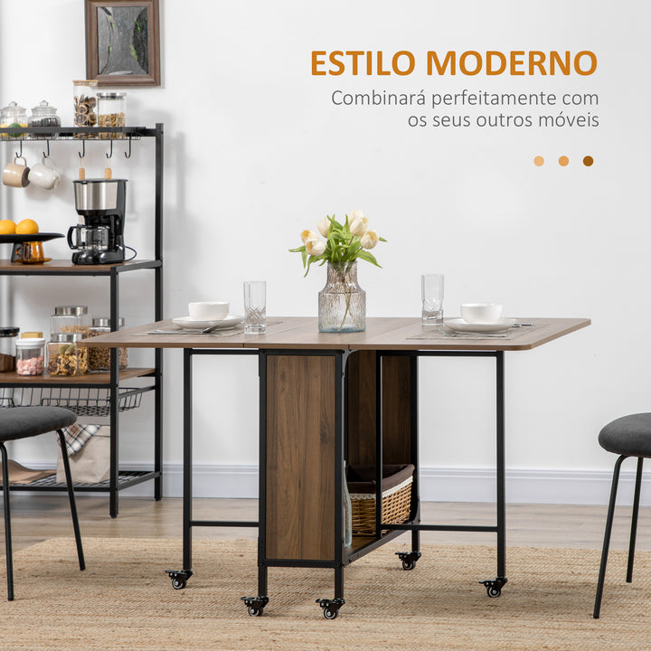 Mesa de Cozinha Dobrável Mesa de Refeição Dobrável com Rodas Laterais Abatíveis e Prateleira Mesa Dobrável para Sala de Jantar 130x80x74 cm Marrom
