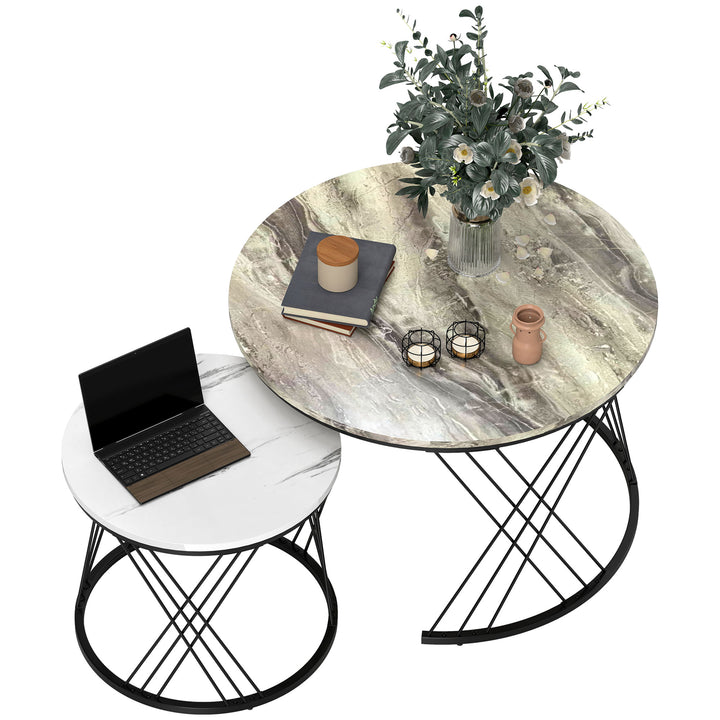 Conjunto de 2 Mesas Auxiliares Mesas de Centro para Sala de Estar Redondas com Bancada com Imitação de Mármore Estrutura de Metal para Sala de Estar Cinzento e Branco