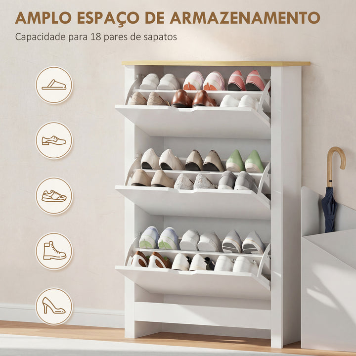 Sapateira Branca Estreita Armário Sapateiro Alto com 3 Gavetas Basculantes para 12 Pares de Sapatos e Prateleiras Ajustáveis para Corredor Entrada 72x26x112 cm