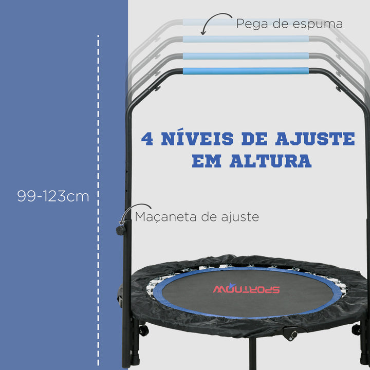Trampolim Fitness Ø102 Trampolim Dobrável com Pega Ajustável em 4 Níveis Estrutura de Aço para Treino de Pernas Corpo em Casa Escritório Ginásio Azul