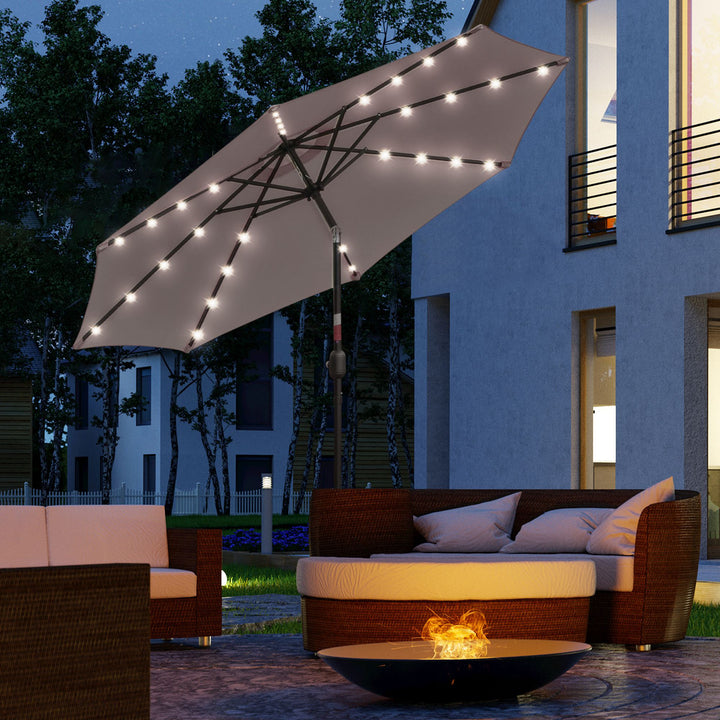 Chapéu de Sol com 32 Luzes LED Solares Ø265x233cm Chapéu de Sol Inclinável com Manivela e Mastro de Aço para Terraço Pátio Exterior Cinza