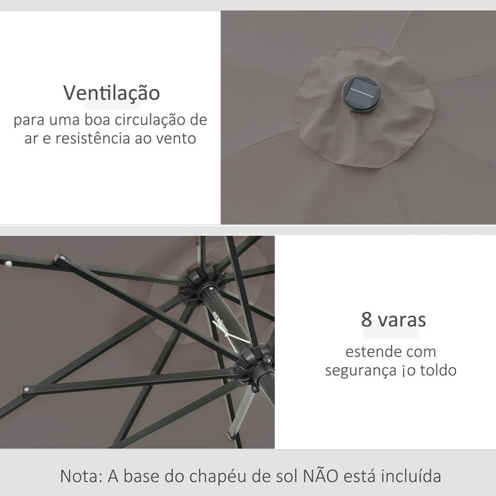 Chapéu de Sol com 32 Luzes LED Solares Ø265x233cm Chapéu de Sol Inclinável com Manivela e Mastro de Aço para Terraço Pátio Exterior Cinza