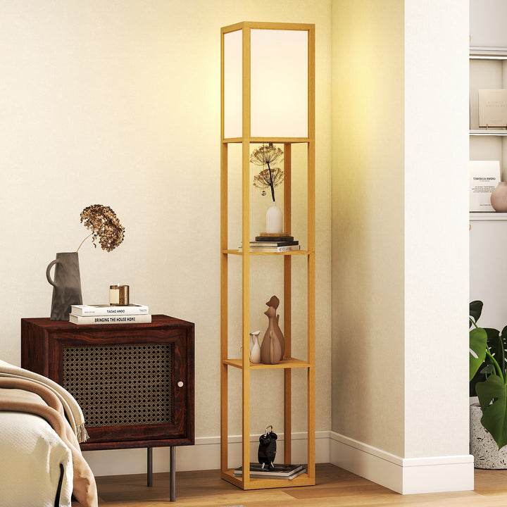 Candeeiro de Pé de Madeira com 3 Prateleiras De Armazenamento para Lâmpada E27 Potência Máx. 40W Candeeiro Moderno para Sala de Estar Dormitório 26x26x160 cm Madeira e Branco