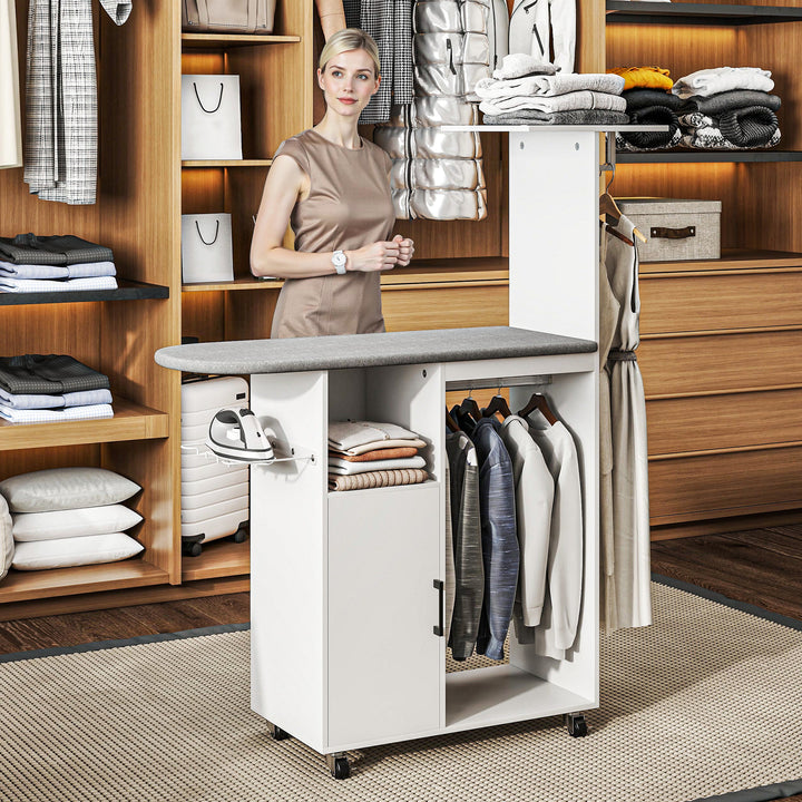 Móvel de Engomar Roupa com Rodas e Suporte Lateral Móvel de Passagem com Tábua de Passar Barra para Roupa Prateleira Ajustável 127,5x43,5x153 cm Branco