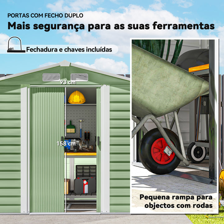 Abrigo de Jardim Exterior 2,36m² 213x120x194 cm Abrigo de Exterior com Base Reforçada (Piso NÃO Incluído) Portas de Correr Duplas Fechadura Janelas Verde Claro