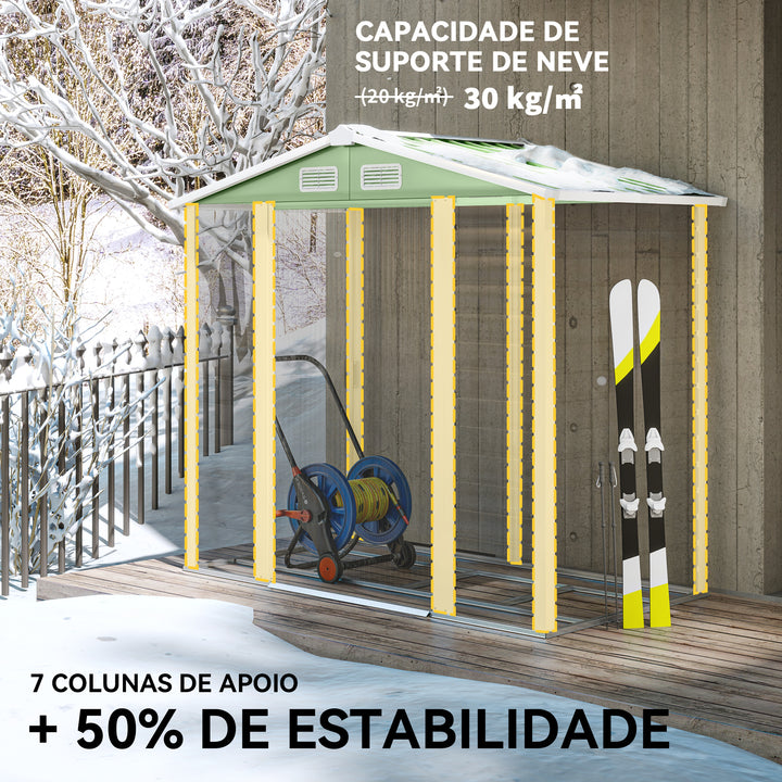 Abrigo de Jardim Exterior 2,36m² 213x120x194 cm Abrigo de Exterior com Base Reforçada (Piso NÃO Incluído) Portas de Correr Duplas Fechadura Janelas Verde Claro
