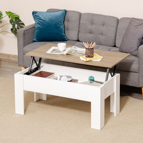 Mesa de Centro com Bancada Elevatória Mesa de Café com Compartimento Aberto e Oculto 100x50x45-58,5 cm Branco e Madeira