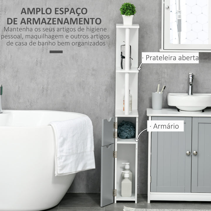 Coluna Casa de Banho com 2 Portas e 2 Prateleiras Abertas Coluna Auxiliar para Casa de Banho Sala de Estar Dormitório Estilo Moderno 15,2x29,8x118cm Branco e Cinza