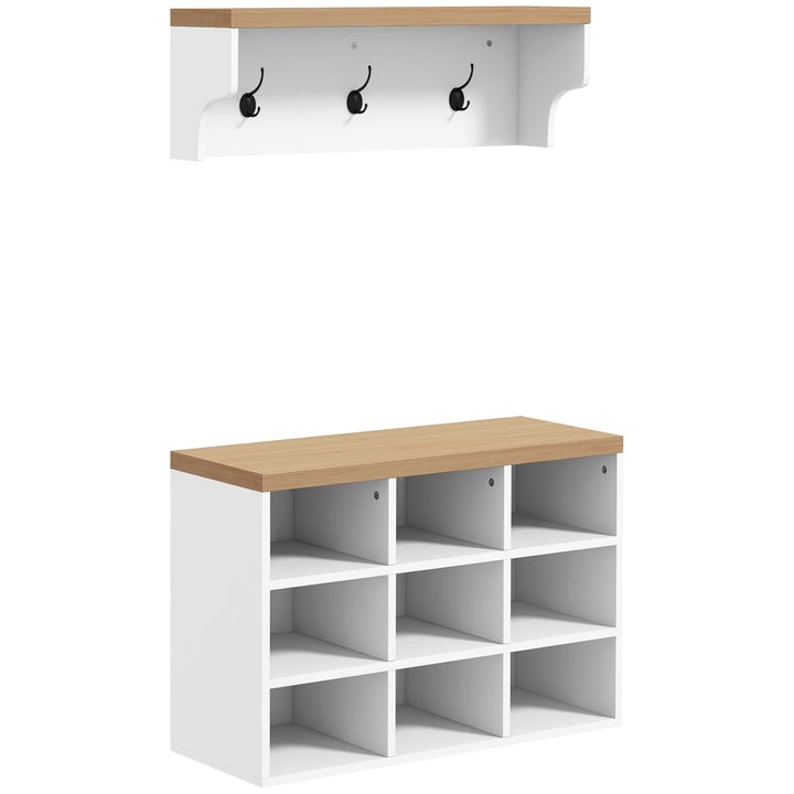 Móvel Cabide de Entrada com Banco Sapateira 2 em 1 Móveis de Entrada com 3 Ganchos e Prateleiras para 9 Pares de Sapatos 75x30x50 cm e 75x20x22,5 cm Branco