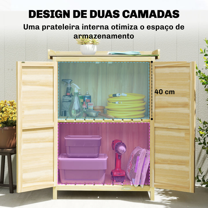 Armário de Exterior em Madeira com Teto de Metal Galvanizado, Prateleiras, 2 Portas e Ganchos para Armazenamento de Ferramentas, 71,5x39x95 cm