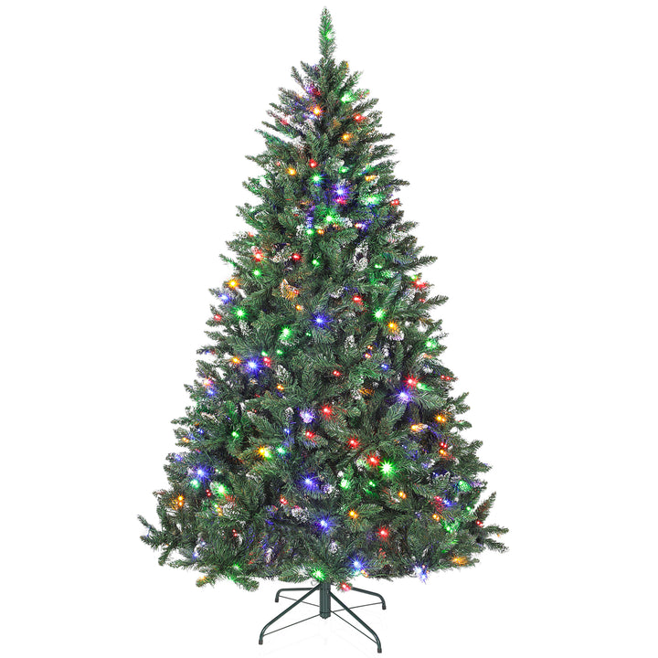 Árvore de Natal 210 cm Árvore Natalícia de Abeto com Luzes LED 9 Modos de Iluminação 1160 Ramos com Neve Artificial Suporte Metálico Fácil de Montar Verde