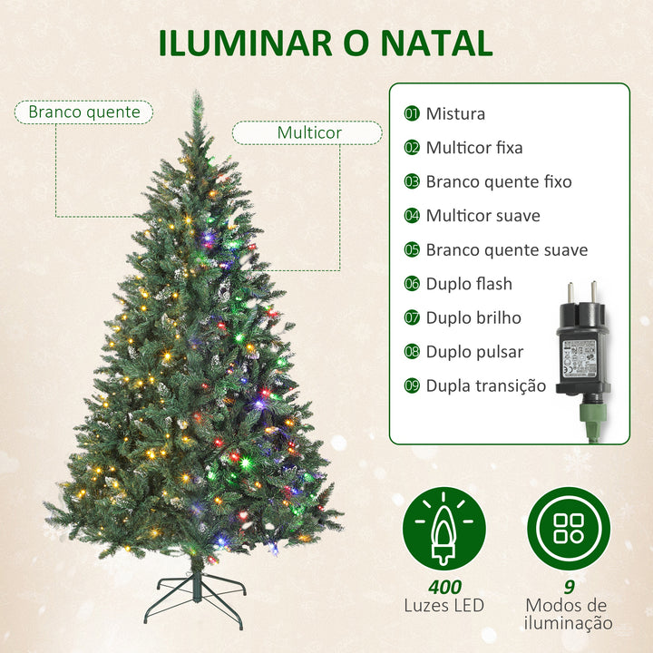 Árvore de Natal 210 cm Árvore Natalícia de Abeto com Luzes LED 9 Modos de Iluminação 1160 Ramos com Neve Artificial Suporte Metálico Fácil de Montar Verde