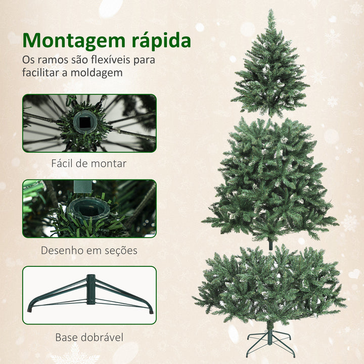 Árvore de Natal 210 cm Árvore Natalícia de Abeto com Luzes LED 9 Modos de Iluminação 1160 Ramos com Neve Artificial Suporte Metálico Fácil de Montar Verde