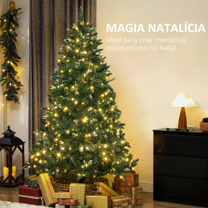 Árvore de Natal 210 cm Árvore Natalícia de Abeto com Luzes LED 9 Modos de Iluminação 1160 Ramos com Neve Artificial Suporte Metálico Fácil de Montar Verde