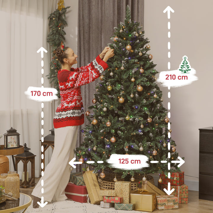Árvore de Natal 210 cm Árvore Natalícia de Abeto com Luzes LED 9 Modos de Iluminação 1160 Ramos com Neve Artificial Suporte Metálico Fácil de Montar Verde