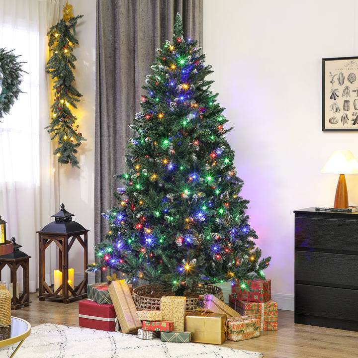 Árvore de Natal 210 cm Árvore Natalícia de Abeto com Luzes LED 9 Modos de Iluminação 1160 Ramos com Neve Artificial Suporte Metálico Fácil de Montar Verde