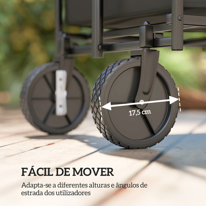 Carrinho de Transporte com Rodas Grandes Carrinho de Jardim Dobrável com Guiador Telescópico Ajustável Porta Traseira Expandível Carrinho de Praia Carga 100 kg Carrinho para Campismo 95x55x102 cm Preto