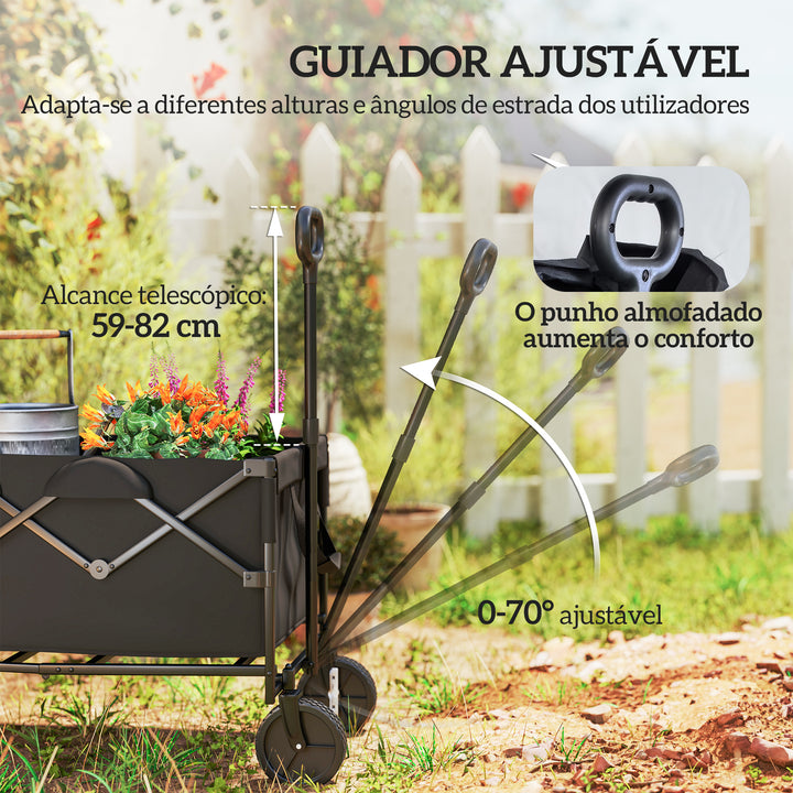 Carrinho de Transporte com Rodas Grandes Carrinho de Jardim Dobrável com Guiador Telescópico Ajustável Porta Traseira Expandível Carrinho de Praia Carga 100 kg Carrinho para Campismo 95x55x102 cm Preto
