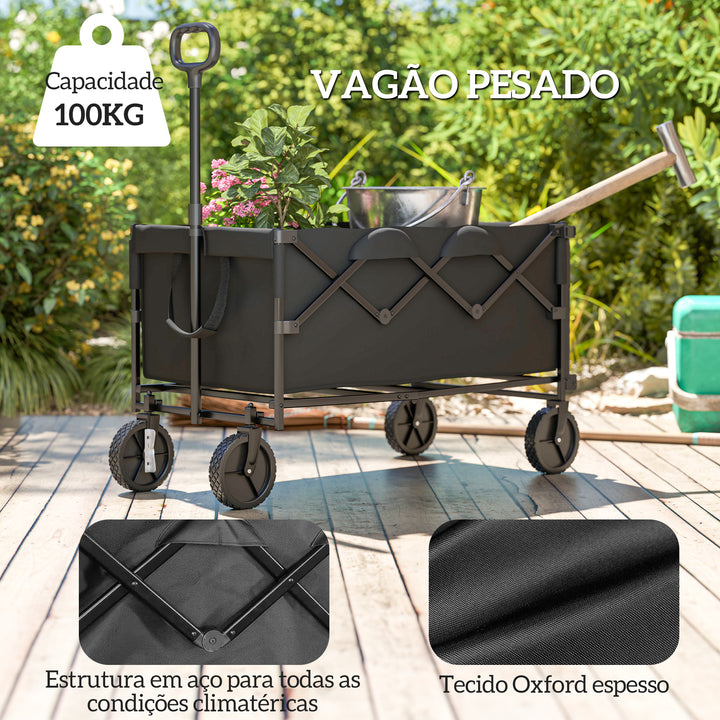 Carrinho de Transporte com Rodas Grandes Carrinho de Jardim Dobrável com Guiador Telescópico Ajustável Porta Traseira Expandível Carrinho de Praia Carga 100 kg Carrinho para Campismo 95x55x102 cm Preto