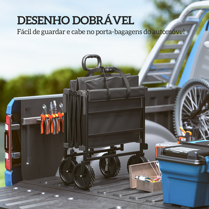 Carrinho de Transporte com Rodas Grandes Carrinho de Jardim Dobrável com Guiador Telescópico Ajustável Porta Traseira Expandível Carrinho de Praia Carga 100 kg Carrinho para Campismo 95x55x102 cm Preto