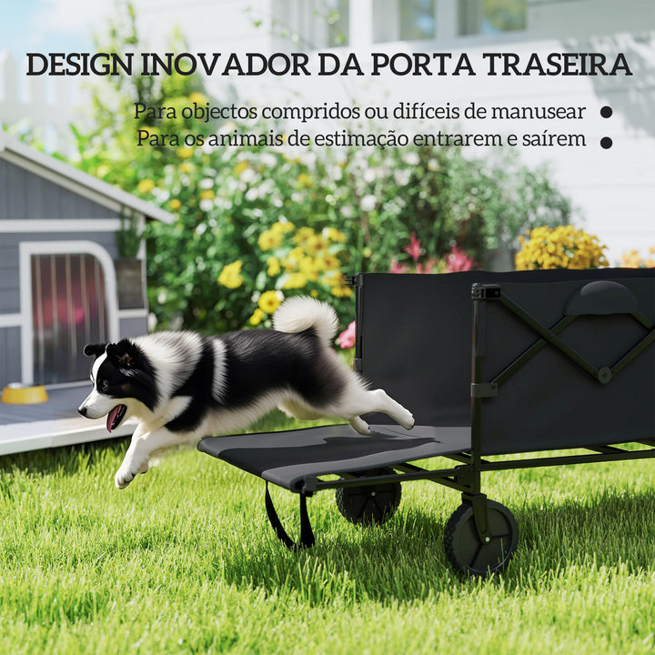 Carrinho de Transporte com Rodas Grandes Carrinho de Jardim Dobrável com Guiador Telescópico Ajustável Porta Traseira Expandível Carrinho de Praia Carga 100 kg Carrinho para Campismo 95x55x102 cm Preto