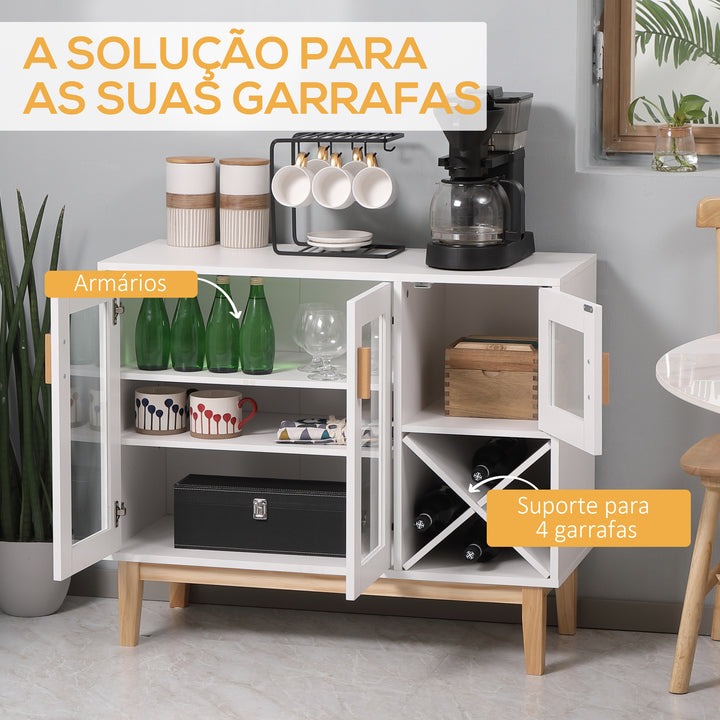 Aparador de Cozinha com 3 Portas de Vidro e Suporte para Garrafas em Forma de X para 4 Garrafas Móvel Buffet Auxiliar para Sala de Jantar Estilo Moderno Anti-Tombo 90x37x75cm Branco