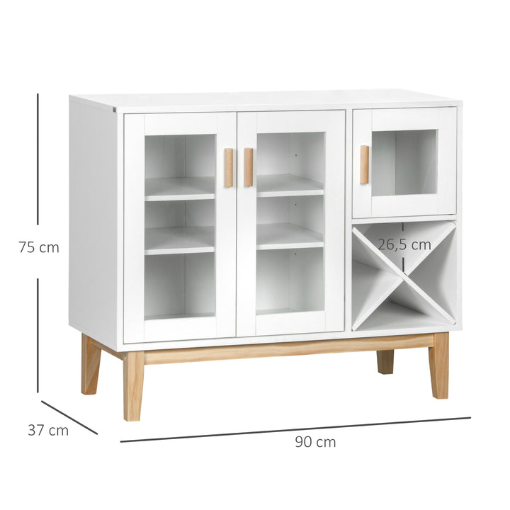 Aparador de Cozinha com 3 Portas de Vidro e Suporte para Garrafas em Forma de X para 4 Garrafas Móvel Buffet Auxiliar para Sala de Jantar Estilo Moderno Anti-Tombo 90x37x75cm Branco