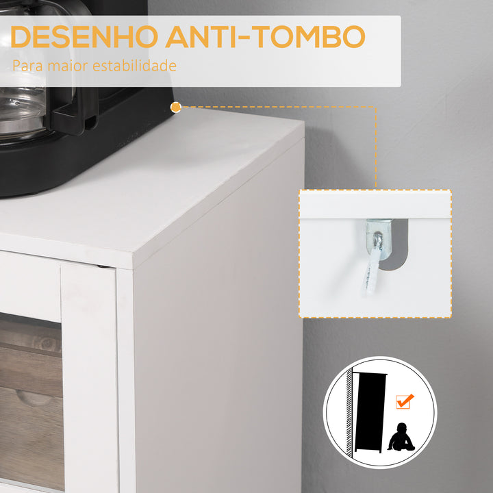Aparador de Cozinha com 3 Portas de Vidro e Suporte para Garrafas em Forma de X para 4 Garrafas Móvel Buffet Auxiliar para Sala de Jantar Estilo Moderno Anti-Tombo 90x37x75cm Branco